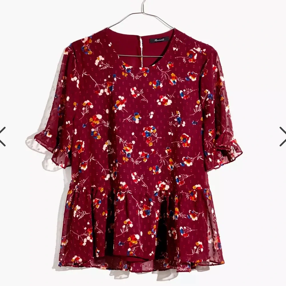 Madewell Ruffle Peplum Swing Top in Clipdot Carnation Toss - Picture 9 of 9